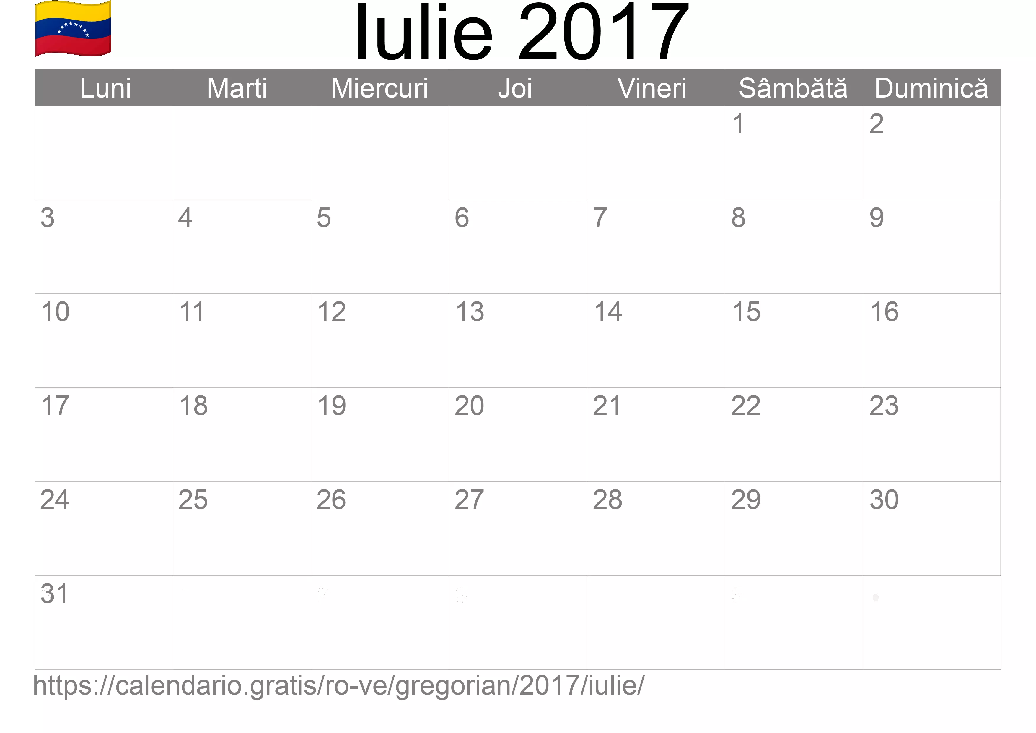 Calendar Iulie 2017 pentru imprimare (Venezuela)