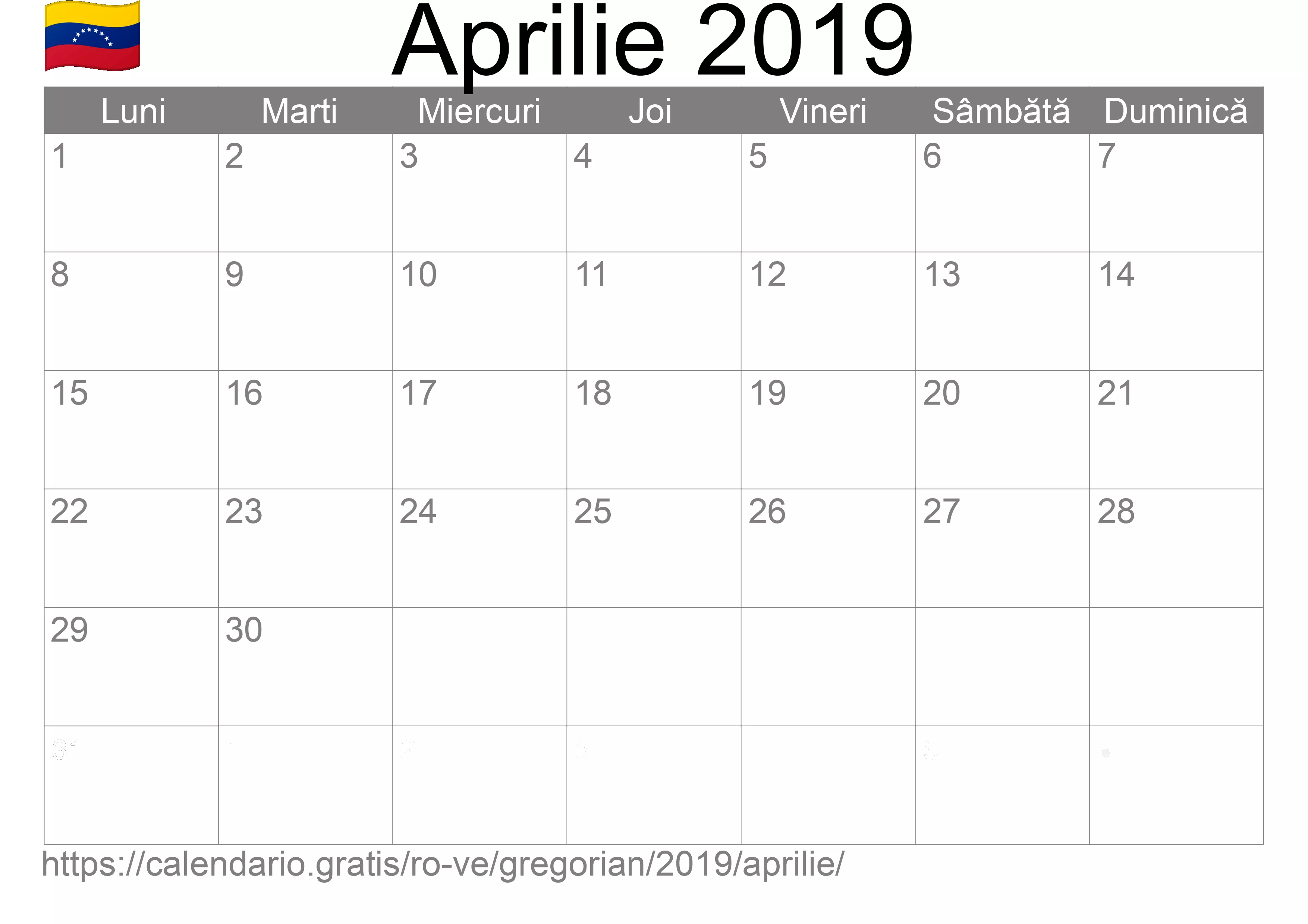 Calendar Aprilie 2019 pentru imprimare (Venezuela)