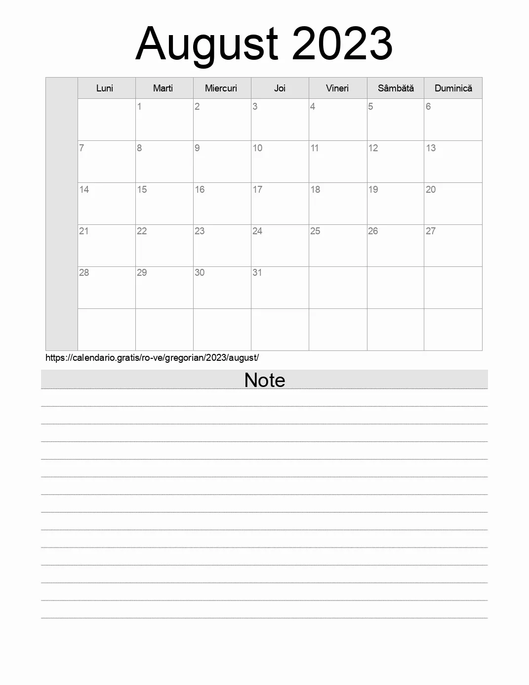 Calendar pentru August 2023 de imprimat cu note. (Venezuela)