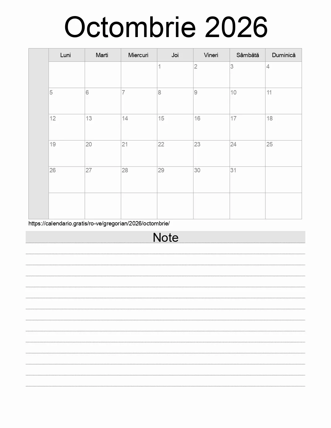 Calendar pentru Octombrie 2026 de imprimat cu note. (Venezuela) Calendar pentru Octombrie 2026 de imprimat cu note. (Venezuela)