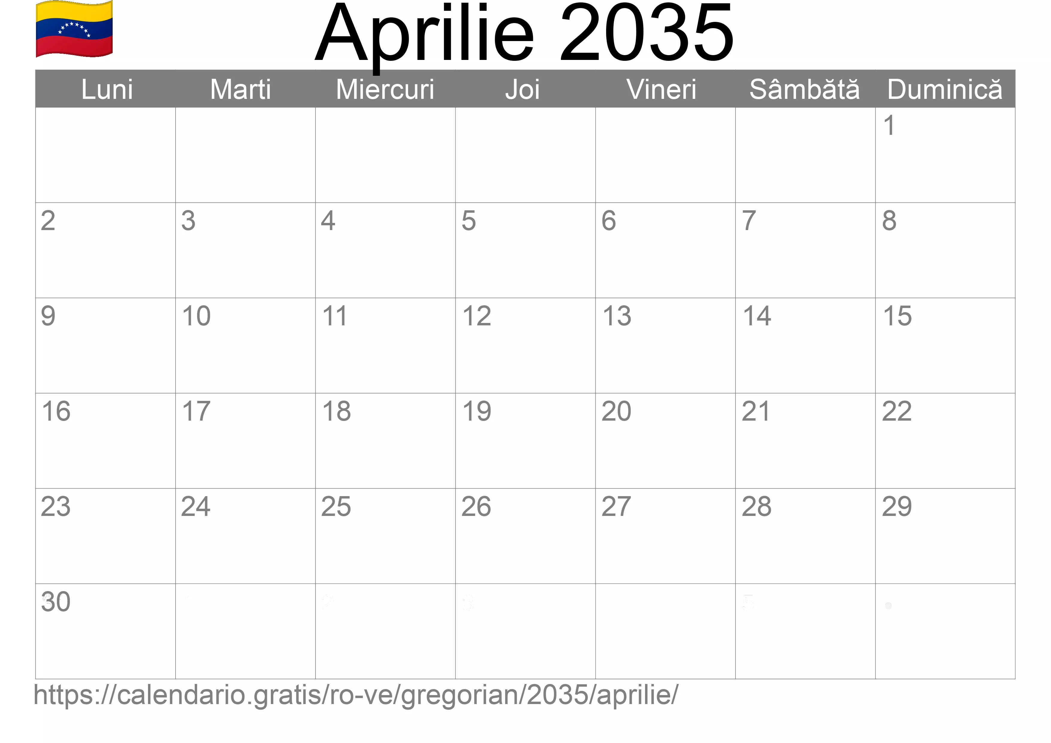 Calendar Aprilie 2035 pentru imprimare (Venezuela)