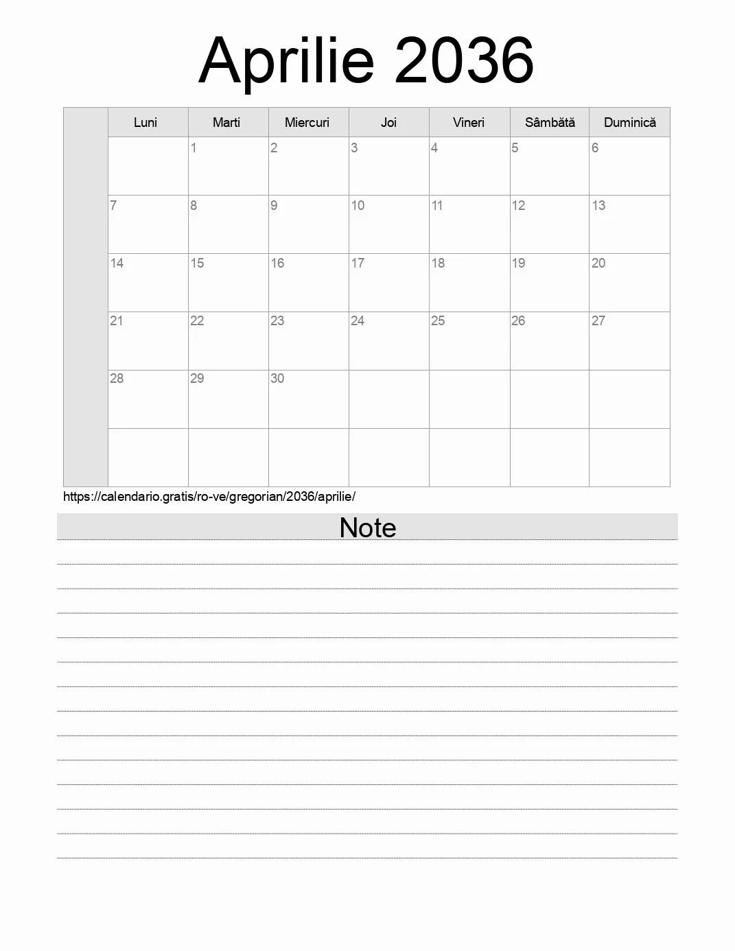 Calendar pentru Aprilie 2036 de imprimat cu note. (Venezuela)